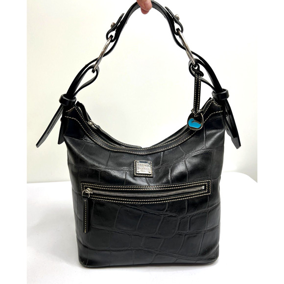 Dooney & Bourke Croc Embossed Genuine Leather Shoulder Hobo Bag Black Purse - Picture 1 of 16